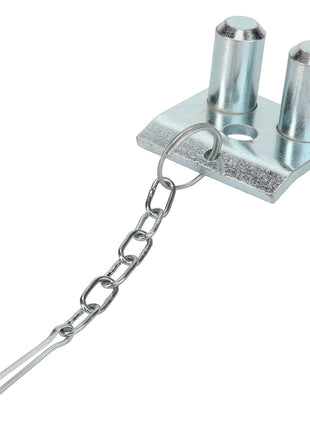 Available now, the AGCO | Locking Bolt - F260500070020 is perfect for securing towing equipment with its metal construction and attached chain and clip.