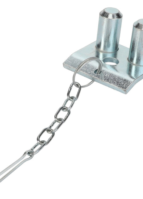 Available now, the AGCO | Locking Bolt - F260500070020 is perfect for securing towing equipment with its metal construction and attached chain and clip.