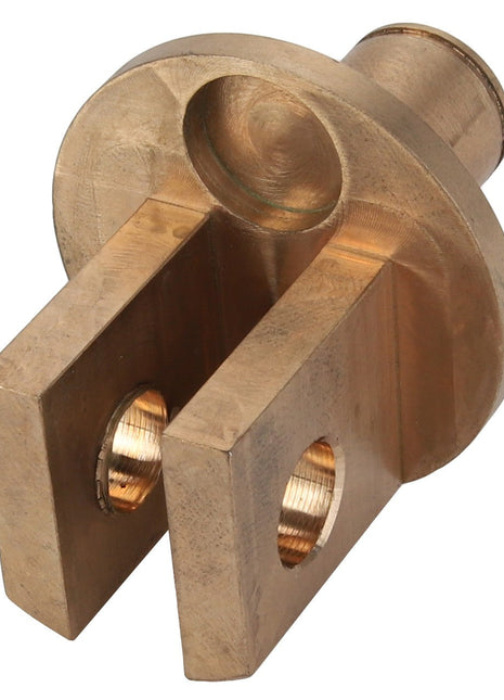 The AGCO CLEVIS - D28986132, also referred to as a brass yoke end, features two prongs and two holes for connecting rods or pins and a rounded, cylindrical top. No current product description information is available.