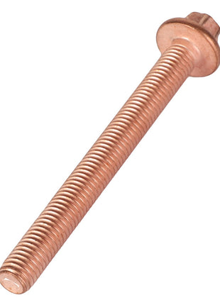 A copper-colored AGCO Hexagon Flange Bolt - Acp0435680, featuring a hexagonal head and an integrated washer, sits elegantly against a pristine white background.