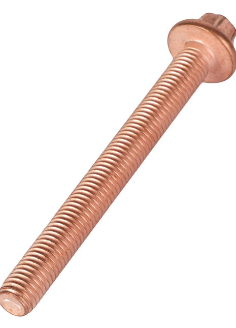 A copper-colored AGCO Hexagon Flange Bolt - Acp0435680, featuring a hexagonal head and an integrated washer, sits elegantly against a pristine white background.