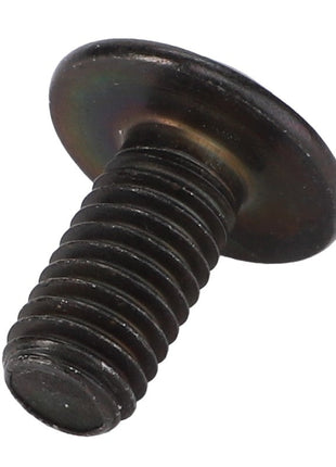 A close-up image of the AGCO | Button Head Screw - Acw1022950, featuring a black metal screw with a flat, round head and threaded body, accentuated by its sleek, industrial finish.