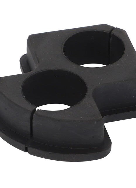 The AGCO Shutter - Acw0448470 by AGCO is a black rubber grommet featuring two circular holes, making it ideal for holding or organizing cables or wires. No current product description information is available.