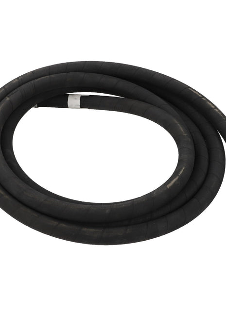 A coiled black hydraulic hose with metal fittings on both ends is placed against a white background. This product is the AGCO Hydraulic Hose - Acp0004390 by AGCO. No current product description available for this item.