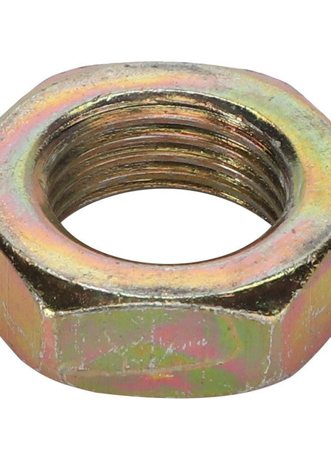 Close-up of the AGCO | NUT - LA10791411 by AGCO against a white background. The metallic hex nut's inner threading is visible, and it features a slightly worn finish.