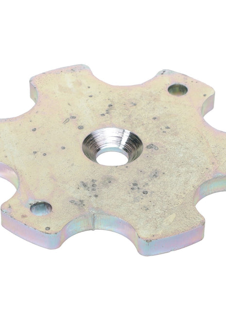 Product Description: The AGCO Sensor Sprocket - Acx2630570 is a metal wheel-shaped component featuring a central threaded hole and five outward projections, each housing a smaller hole. Its surface shows signs of slight wear and tarnishing. Currently, no additional product description information is available for further details.