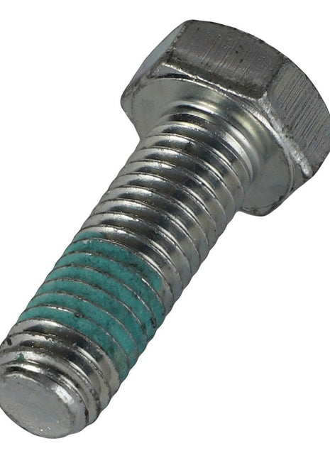 A close-up image of the AGCO SCREW - AL5002971, a metal hex bolt with a partially threaded shaft. The threads near the head of the bolt are coated in a distinctive blue-green substance.