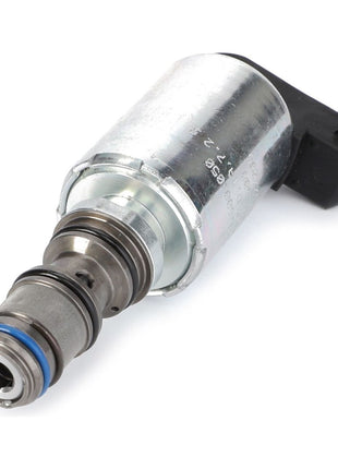 The AGCO | Control Valve - G339150600050 is a metallic solenoid valve featuring cylindrical components, including a silver body, rubber O-ring, and a connector at one end, engineered with the precision of Fendt Vario technology.