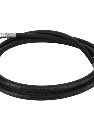 A coiled black hydraulic hose, AGCO | Hydraulic Hose - Acp0004830, featuring metal fittings on both ends and specifications printed along its length. No further product description is available at this time.