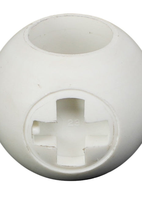 The AGCO | BALL - AG426908 is a white plastic ball with a hollow interior and a cross-shaped cutout at the bottom. This simple yet versatile product by AGCO doesn't have any current description that truly captures its essence quite like this one.