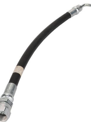 No Current Product Description Available: AGCO | Hydraulic Hose - Acp0007450, a flexible rubber hydraulic hose with metal connectors on both ends, one straight and the other slightly angled.