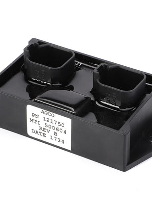 A black electronic component with two connectors, labeled "AGCO | Relay Module - AG121750 MTT-150604 REV B DATE 1734," essential for machinery reliability and available through AGCO Parts.