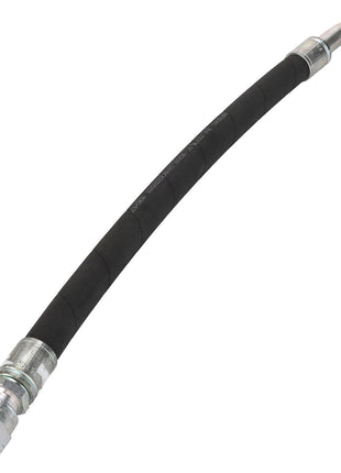 The AGCO | HYDRAULIC HOSE - D46150489 is a black hose featuring metal fittings on both ends, with one straight and the other slightly bent, offering flexibility for various applications.