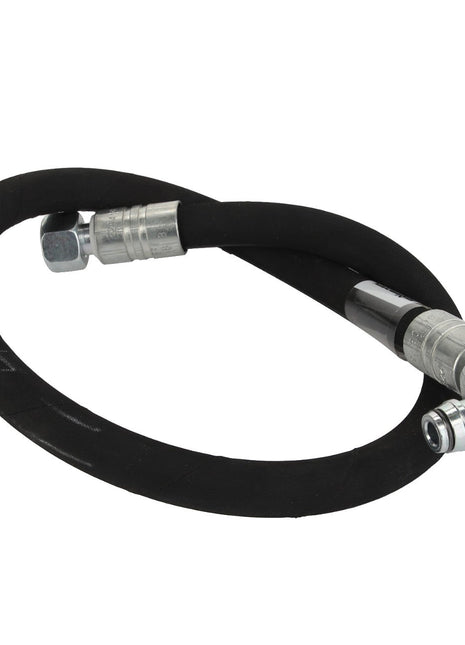 A robust coiled black hydraulic hose equipped with sturdy metal fittings at both ends, perfect for high-pressure applications, available under AGCO's branding with the product name AGCO | WARNING DECAL - ACP0537230.