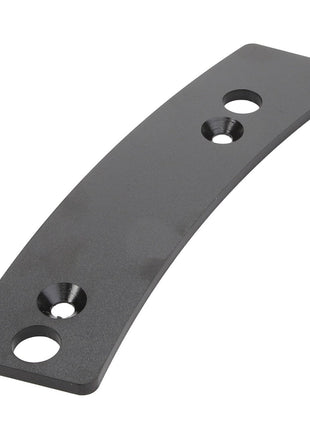 The AGCO Spacer - Acw0138680 is a curved, flat, black metal bracket with three evenly spaced holes.