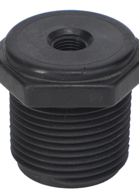 A product named AGCO HEX REDUCER BUSHING - AG051171, a black plastic threaded plug with a hexagonal shape and a central hole, is precisely detailed in the description.