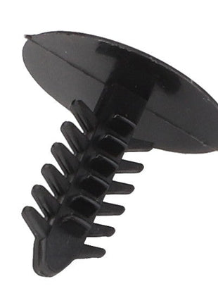 AGCO's Rivet - Acx3628560 is a black plastic push-type retainer clip featuring a round head and pronged shaft, perfect for secure fastening.