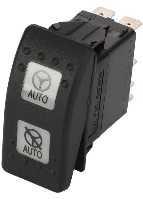 The AGCO | SWITCH - D45050061 is a black dual-button automotive switch with "AUTO" and crossed-circle symbols on each button, featuring metal contacts at the back. No current product description information available.