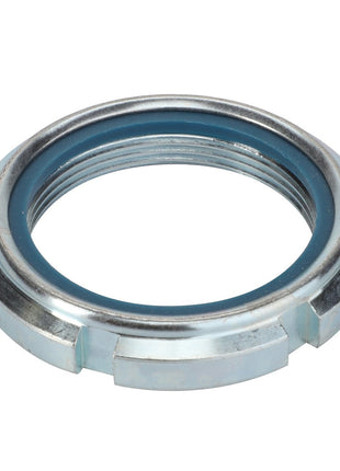 A metallic AGCO Groove Nut (part number 0908-69-11-00) with internal threading and four notches around the outer edge, compatible with Valtra Models and Massey Ferguson equipment.