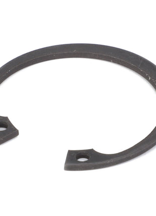 An AGCO | Internal Retaining Ring - 1441240X1, a black metal component featuring two small holes near its ends, exhibits the same precision and durability characteristic of Massey Ferguson machinery, all set against a white background.