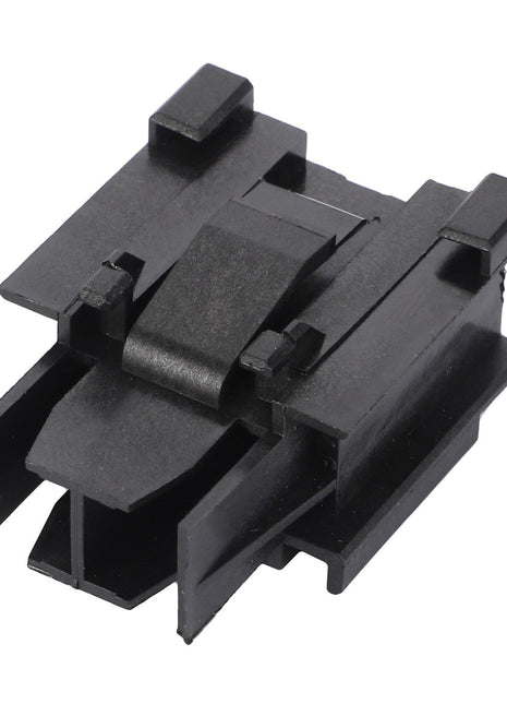 Close-up of the AGCO FUSE HOLDER - D45010076, a black plastic connector commonly used in electrical or electronic assemblies, featuring multiple prongs and a tab for secure attachment.