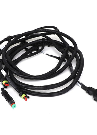 The AGCO Harness - Acw9094360 is a robust coiled automotive wiring harness featuring multiple connectors and plugs, encased in durable black corrugated tubing.