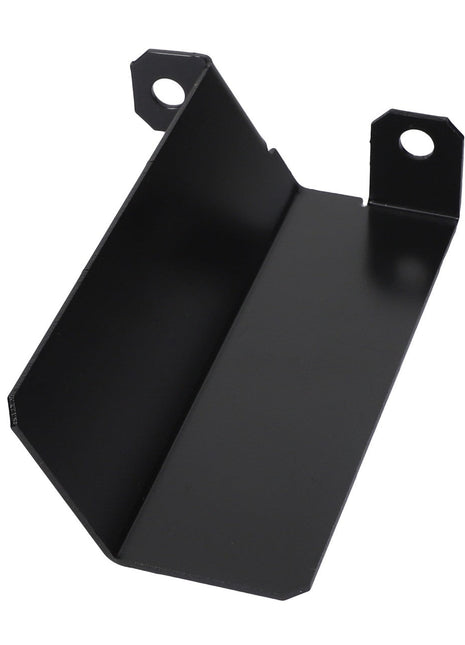 A black metal cowl bracket, AGCO | Cowl - Acw0313250 by AGCO, featuring two mounting holes and an angled design lies on a white background. No current product description information is available.