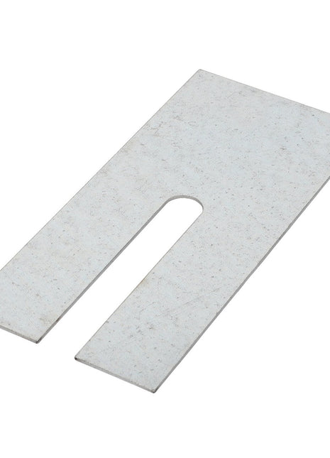 A rectangular metal shim by AGCO, featuring a U-shaped notch in the center, product code D28251445.