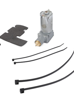 A compact AGCO compressor for seating, the F930500030970 model, comes with various installation accessories including foam padding, screws, a plastic cap, and four cable ties, all neatly arranged on a white background.