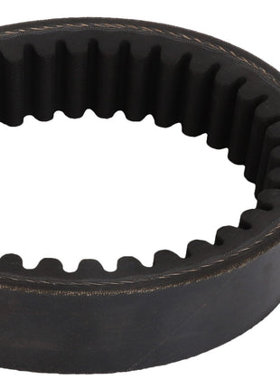 Close-up of an AGCO | BELT - D41994900, an industrial rubber timing belt from the AGCO brand, featuring evenly spaced teeth. The belt is meticulously arranged in a circular shape.