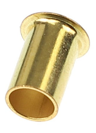 Close-up of the AGCO | INSERT - CH185-9768, a brass cylindrical bushing with a flanged end, showcasing its precise engineering and craftsmanship from the renowned brand AGCO.