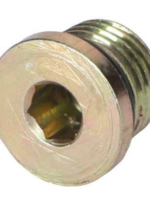 The AGCO | HEX SOCKET PLUG - AG716868 is a brass fitting featuring a threaded end and a hexagonal hole on its flat surface, making it ideal for sealing or plugging openings in various types of machinery.