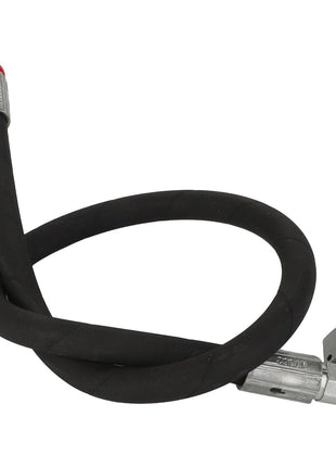 The AGCO | HYDRAULIC HOSE - AL9031147 is a coiled black hose featuring metal connectors on both ends, with one connector being straight and the other angled, making it suitable for hydraulic or pneumatic applications. No current product description information is available for further details.