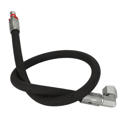 The AGCO | HYDRAULIC HOSE - AL9031147 is a coiled black hose featuring metal connectors on both ends, with one connector being straight and the other angled, making it suitable for hydraulic or pneumatic applications. No current product description information is available for further details.