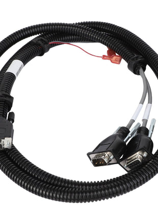 The AGCO | CABLE - AG427248 from AGCO is a coiled cable featuring two DB9 connectors at one end and a single DB15 connector at the other, all encased in durable black protective sheathing. No further product description information is available.