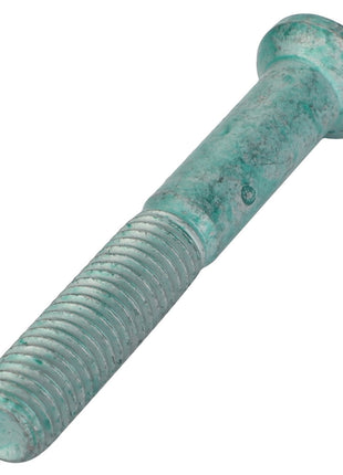 Close-up of a corroded greenish AGCO Countersunk Capscrew - F530200050470 with threads and a round, flat head, shown against a white background.