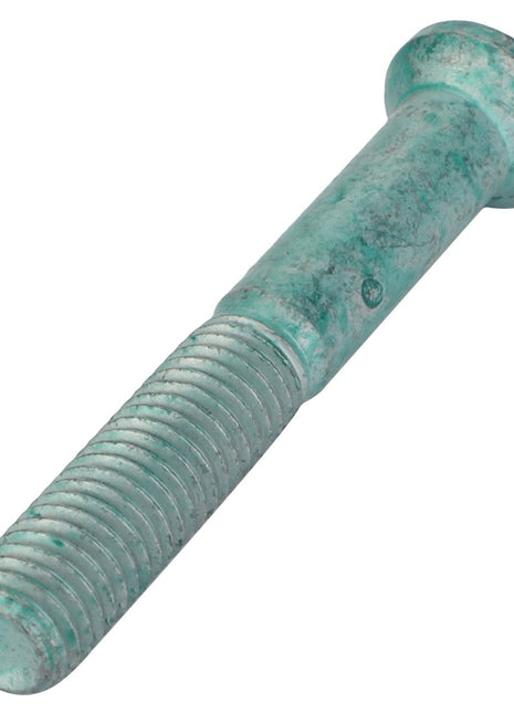 Close-up of a corroded greenish AGCO Countersunk Capscrew - F530200050470 with threads and a round, flat head, shown against a white background.