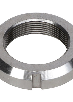 The AGCO Locknut - 807685 is a hexagonal, metallic threaded lock nut designed with grooves and notches, commonly used to secure components on machinery or equipment. No current product description available.