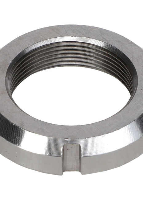The AGCO Locknut - 807685 is a hexagonal, metallic threaded lock nut designed with grooves and notches, commonly used to secure components on machinery or equipment. No current product description available.