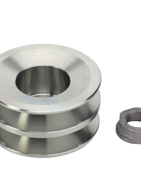 A metallic double-groove pulley marked as AGCO | Pulley - Acp0575250 and a hexagonal nut are displayed side by side on a white background. No current product description available for these items.