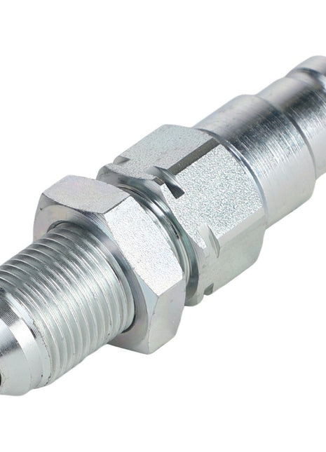 Close-up image of the AGCO COUPLER - AL5044983, a metallic automotive coupling fitting featuring threads on one end and a smooth cylindrical end on the other, available in various machine sizes.