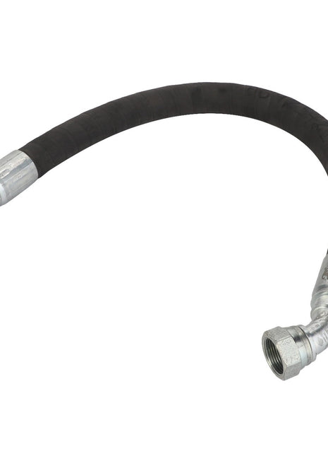 The AGCO HYDRAULIC HOSE - AG425721 is a versatile black hose featuring metal connectors on both ends, with one connector straight and the other angled.