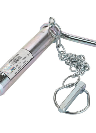 The AGCO Pin - Acp0476900 is a metal locking pin featuring an attached chain and a retaining clip.