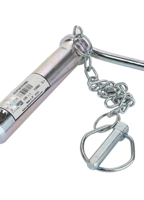 The AGCO Pin - Acp0476900 is a metal locking pin featuring an attached chain and a retaining clip.
