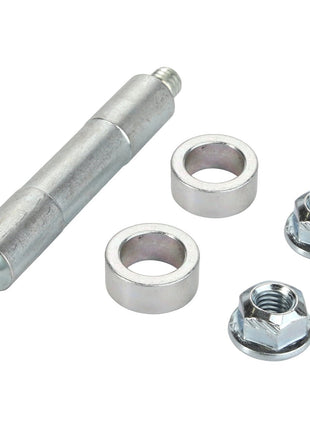 The AGCO SHAFT - AL10550205 is a metal axle with threads on each end, featuring two bushings and two hex nuts. Currently, no additional product description information is available.