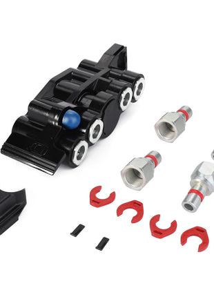 AGCO | VALVE - AL5220530, a black plastic component featuring multiple ports, three metallic connectors with red rings, two black clips, three red clips, and a small black cap. Please note no current product description information is available. All items are arranged on a white background.