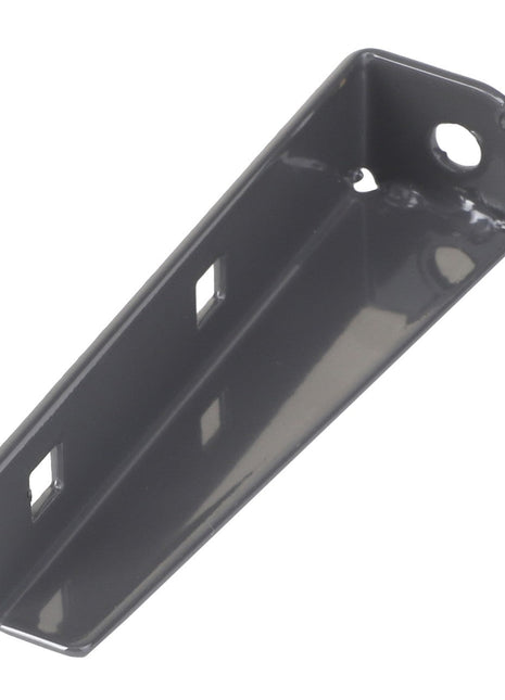 The AGCO Latch Handle, Left Hand (Acw4975460) is a black metal bracket featuring three rectangular cutouts and circular holes at either end. Further product description details are currently unavailable.