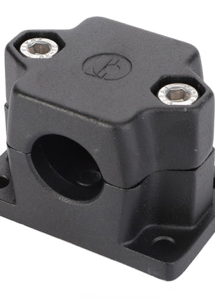 The AGCO Bridle - Acw3478670 is a black metal bearing housing featuring two hexagonal screws on the top and a circular opening in the center; it is mounted on a sturdy rectangular base with four screw holes.