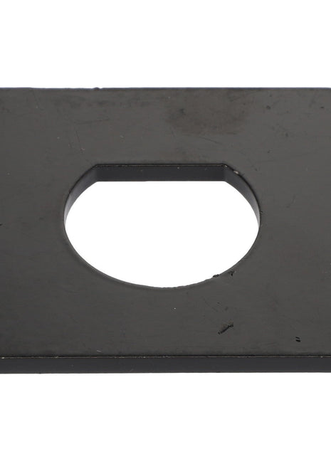 The product AGCO | WASHER - E65134 by AGCO is a black square metal plate featuring a circular hole in the center; no current product description information is available.