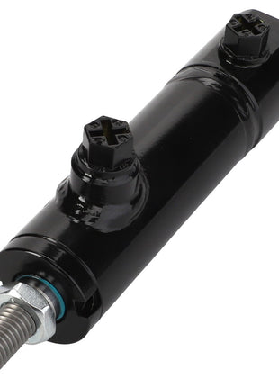 The AGCO Hydraulic Cylinder - D45140031 is a black hydraulic cylinder featuring a threaded rod end and two ports on the body, but currently lacks an available product description.